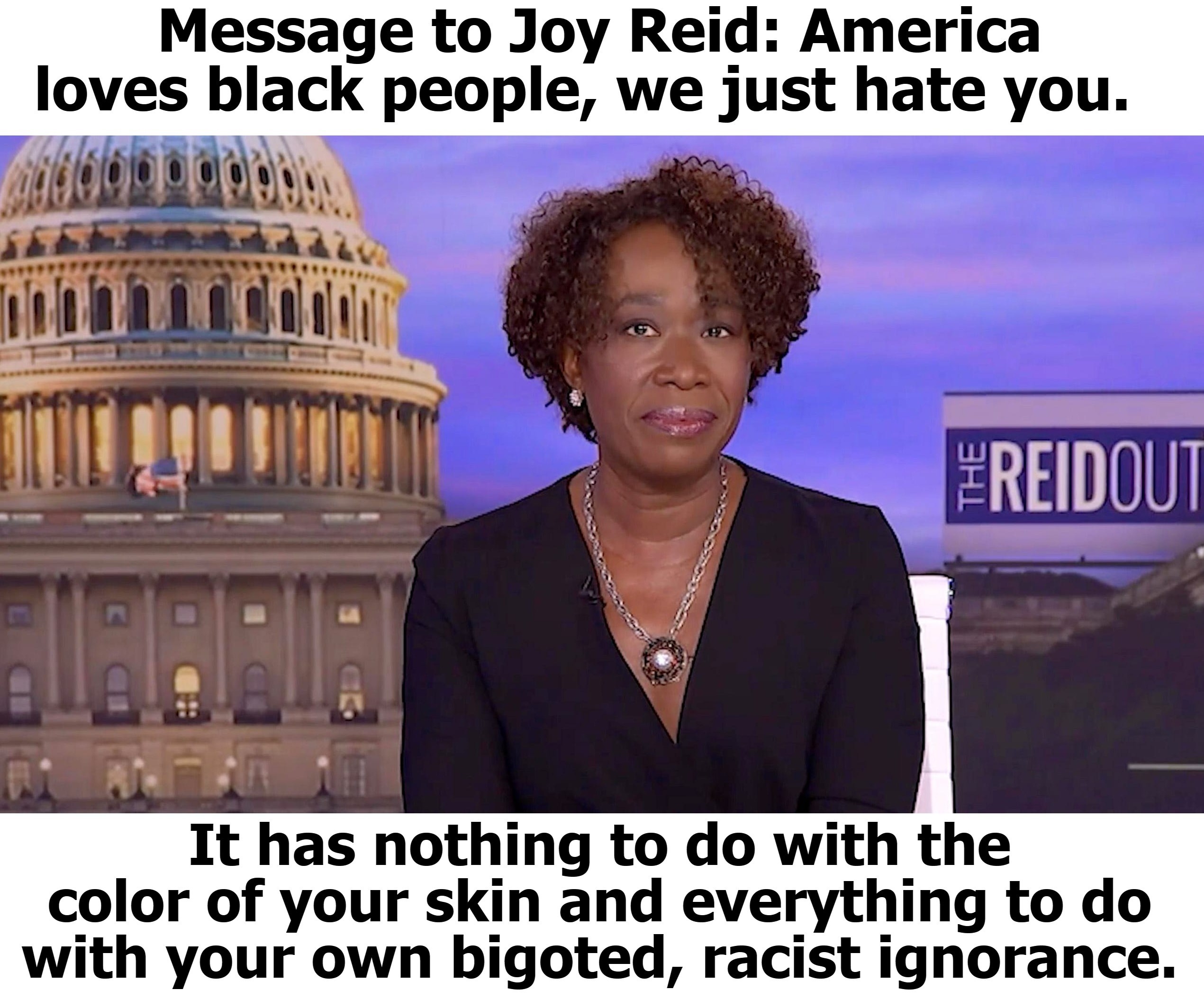 Message to Joy Reid: America Loves Black People | image tagged in joy reid,racist,bigot,intolerant bigot,low iq,low intelligence | made w/ Imgflip meme maker