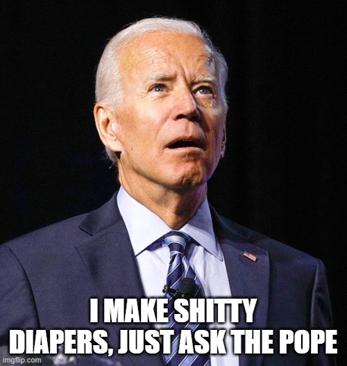 Joe Biden | I MAKE SHITTY DIAPERS, JUST ASK THE POPE | image tagged in joe biden | made w/ Imgflip meme maker