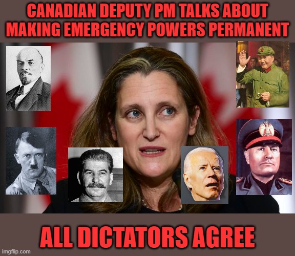 Nothing more permanent than government's temporary emergency powers | CANADIAN DEPUTY PM TALKS ABOUT MAKING EMERGENCY POWERS PERMANENT; ALL DICTATORS AGREE | image tagged in canada,fascism,dictators | made w/ Imgflip meme maker