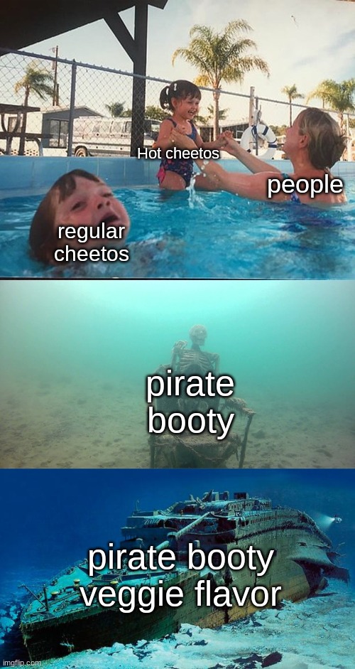 snack industry | Hot cheetos; people; regular cheetos; pirate booty; pirate booty veggie flavor | image tagged in mother ignoring kid drowning in a pool | made w/ Imgflip meme maker