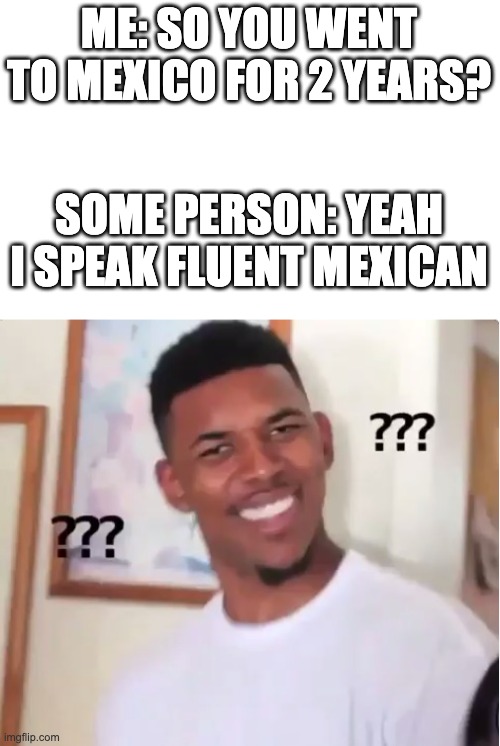 MEXICAN IS NOT A LANGUAGE!!! | ME: SO YOU WENT TO MEXICO FOR 2 YEARS? SOME PERSON: YEAH I SPEAK FLUENT MEXICAN | image tagged in confused nick young | made w/ Imgflip meme maker