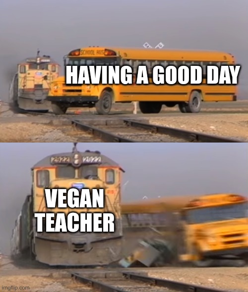 A train hitting a school bus | HAVING A GOOD DAY; VEGAN TEACHER | image tagged in a train hitting a school bus | made w/ Imgflip meme maker