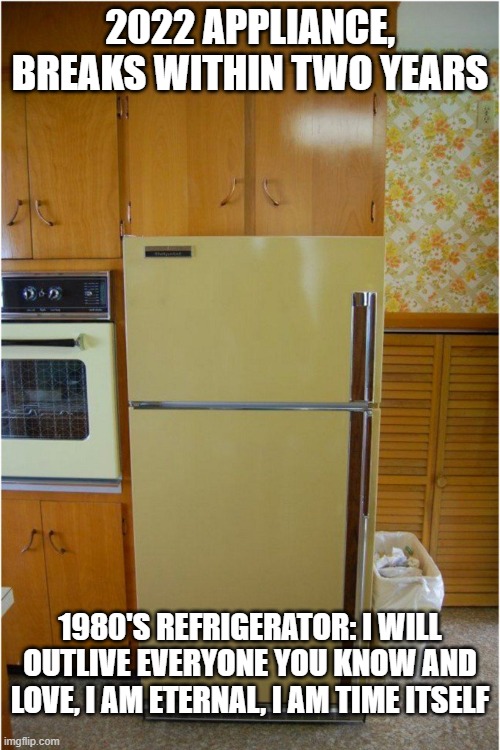 1980 v 2022 Appliances | 2022 APPLIANCE, BREAKS WITHIN TWO YEARS; 1980'S REFRIGERATOR: I WILL OUTLIVE EVERYONE YOU KNOW AND LOVE, I AM ETERNAL, I AM TIME ITSELF | image tagged in 1980's refrigerator,refrigerator,1980s,2022,funny,funny memes | made w/ Imgflip meme maker
