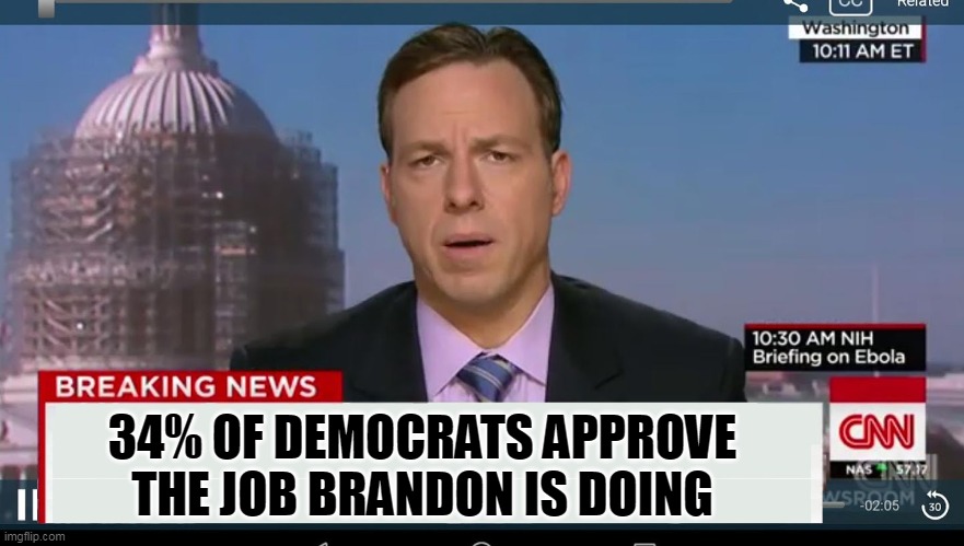 cnn breaking news template | 34% OF DEMOCRATS APPROVE THE JOB BRANDON IS DOING | image tagged in cnn breaking news template | made w/ Imgflip meme maker