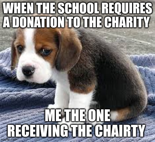 Facts | WHEN THE SCHOOL REQUIRES A DONATION TO THE CHARITY; ME THE ONE RECEIVING THE CHAIRTY | image tagged in sad face | made w/ Imgflip meme maker