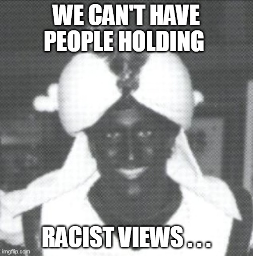 Justin Trudeau Blackface | WE CAN'T HAVE PEOPLE HOLDING RACIST VIEWS . . . | image tagged in justin trudeau blackface | made w/ Imgflip meme maker