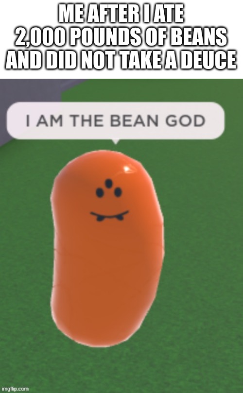 BEANSSSSSSSSSSSSSSSSSSSSSS | ME AFTER I ATE 2,000 POUNDS OF BEANS AND DID NOT TAKE A DEUCE | image tagged in i am the bean god | made w/ Imgflip meme maker