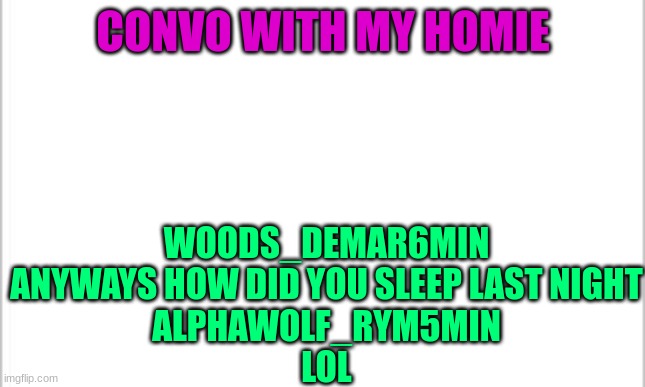 white background | CONVO WITH MY HOMIE; WOODS_DEMAR6MIN
ANYWAYS HOW DID YOU SLEEP LAST NIGHT
ALPHAWOLF_RYM5MIN
LOL | image tagged in white background | made w/ Imgflip meme maker