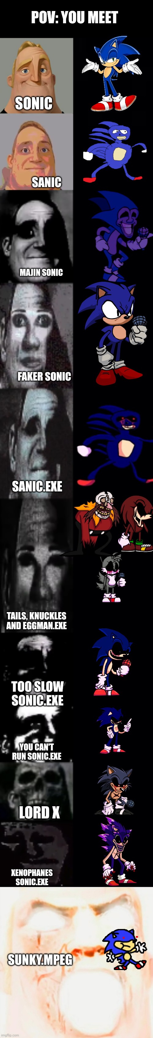 ALL OF THE SONICS | POV: YOU MEET; SONIC; SANIC; MAJIN SONIC; FAKER SONIC; SANIC.EXE; TAILS, KNUCKLES AND EGGMAN.EXE; TOO SLOW SONIC.EXE; YOU CAN'T RUN SONIC.EXE; LORD X; XENOPHANES SONIC.EXE; SUNKY.MPEG | image tagged in mr incredible becoming uncanny,mr incredible meme god tier,sonic,sonic the hedgehog,sonic exe | made w/ Imgflip meme maker