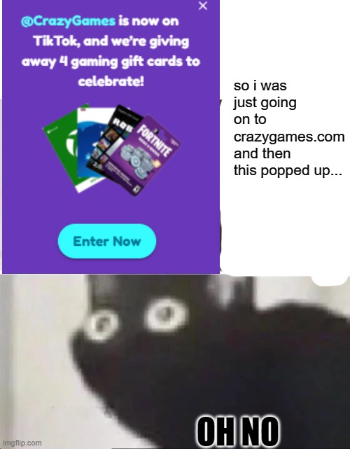 crazygames.com + tik tok | so i was just going on to crazygames.com and then this popped up... OH NO | image tagged in tik tok sucks | made w/ Imgflip meme maker