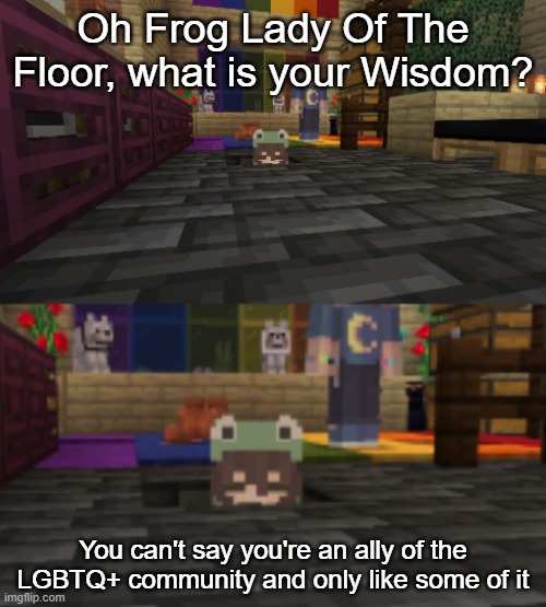 Creative Title | Oh Frog Lady Of The Floor, what is your Wisdom? You can't say you're an ally of the LGBTQ+ community and only like some of it | image tagged in frog lady of the floor | made w/ Imgflip meme maker