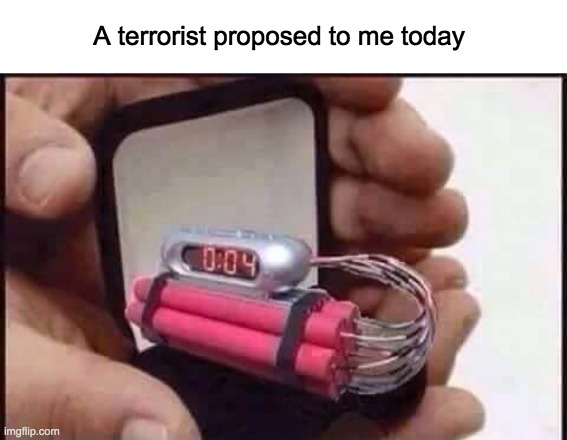 Why are you reading the title? | A terrorist proposed to me today | image tagged in memes,lol,funny,dark humor,terrorist,911 | made w/ Imgflip meme maker