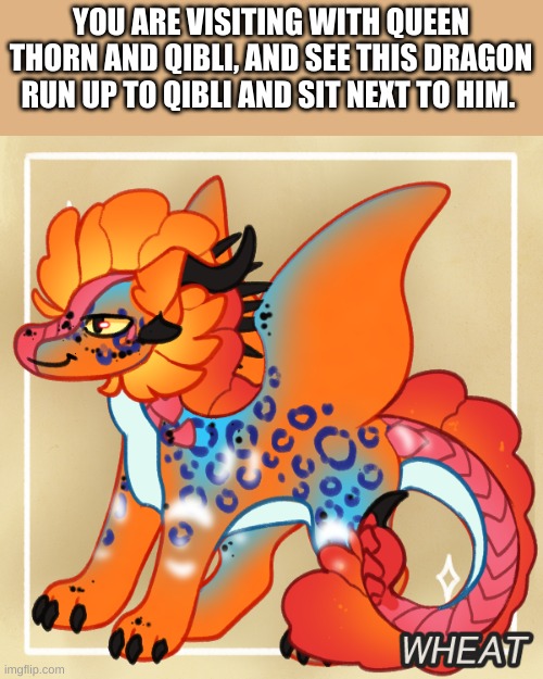 Wings of fire rp. He's male btw. | YOU ARE VISITING WITH QUEEN THORN AND QIBLI, AND SEE THIS DRAGON RUN UP TO QIBLI AND SIT NEXT TO HIM. | image tagged in wof | made w/ Imgflip meme maker