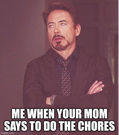 Face You Make Robert Downey Jr | ME WHEN YOUR MOM SAYS TO DO THE CHORES | image tagged in memes,face you make robert downey jr | made w/ Imgflip meme maker