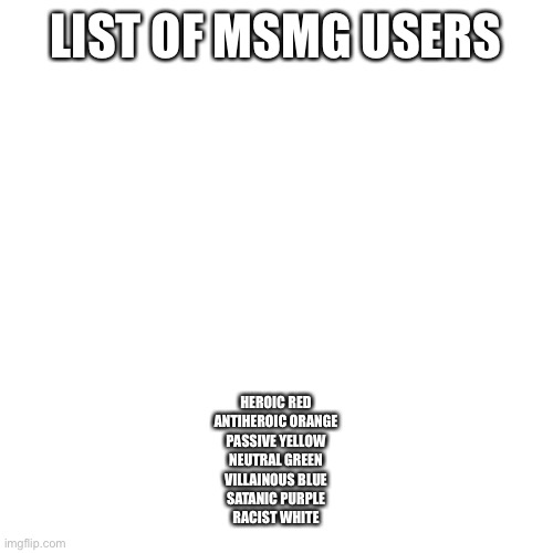 Part 1 | LIST OF MSMG USERS; HEROIC RED
ANTIHEROIC ORANGE
PASSIVE YELLOW
NEUTRAL GREEN
VILLAINOUS BLUE
SATANIC PURPLE
RACIST WHITE | image tagged in memes,blank transparent square | made w/ Imgflip meme maker