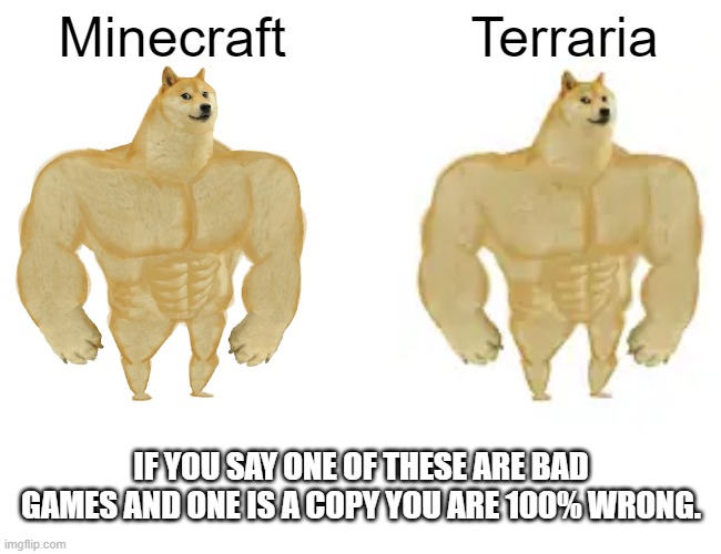 correct | Minecraft; Terraria; IF YOU SAY ONE OF THESE ARE BAD GAMES AND ONE IS A COPY YOU ARE 100% WRONG. | image tagged in memes,buff doge vs cheems,video games,terraria,minecraft | made w/ Imgflip meme maker