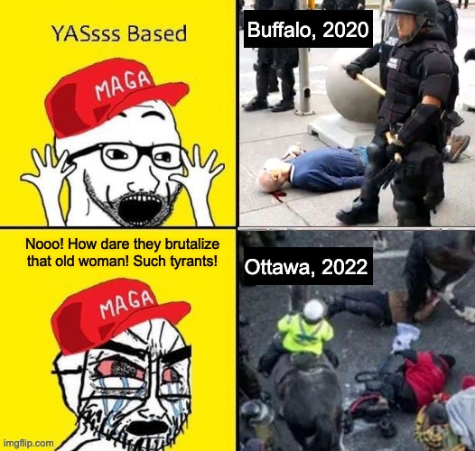 ACAB, but only if it affects me. | Buffalo, 2020; Nooo! How dare they brutalize that old woman! Such tyrants! Ottawa, 2022 | image tagged in acab,police brutality,black lives matter,anti vax,protesters | made w/ Imgflip meme maker