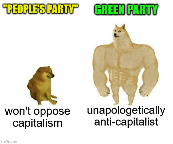 dogs strong and weak | GREEN PARTY; "PEOPLE'S PARTY"; unapologetically anti-capitalist; won't oppose capitalism | image tagged in dogs strong and weak,people's party,green party,capitalism | made w/ Imgflip meme maker
