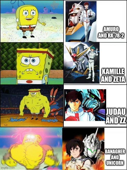 Gundam protagonists throughout the years | AMURO AND RX-78-2; KAMILLE AND ZETA; JUDAU AND ZZ; BANAGHER AND UNICORN | image tagged in sponge finna commit muder | made w/ Imgflip meme maker