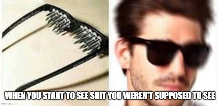 spiked glasses | WHEN YOU START TO SEE SHIT YOU WEREN'T SUPPOSED TO SEE | image tagged in spiked glasses | made w/ Imgflip meme maker