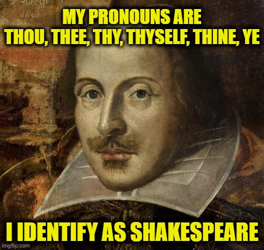 I identify as Sakespeare | MY PRONOUNS ARE
THOU, THEE, THY, THYSELF, THINE, YE; I IDENTIFY AS SHAKESPEARE | image tagged in pronouns | made w/ Imgflip meme maker