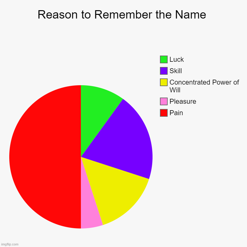 Every black man will understand this | Reason to Remember the Name | Pain, Pleasure, Concentrated Power of Will, Skill, Luck | image tagged in charts,pie charts,rap | made w/ Imgflip chart maker