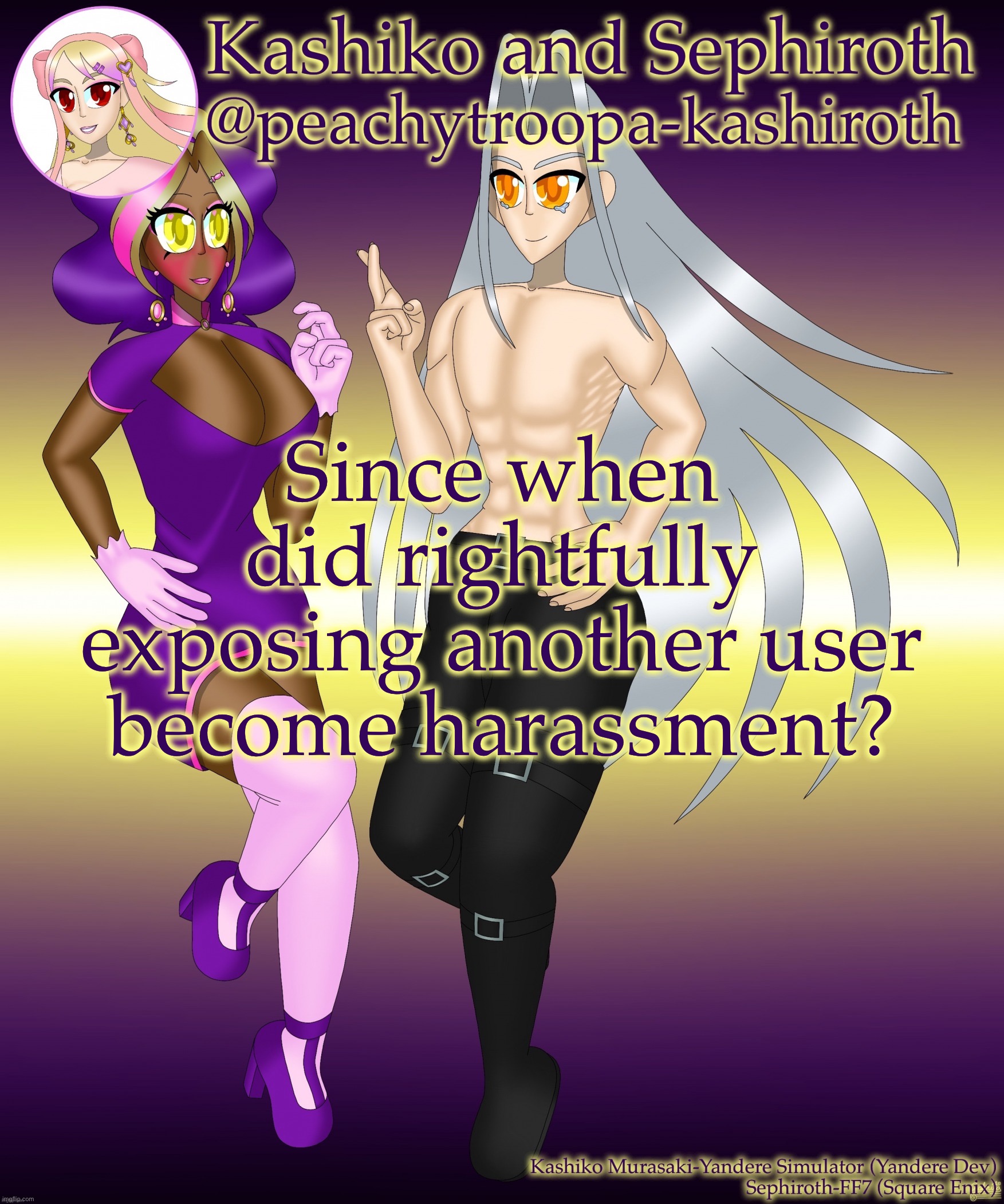 @Site mods | Since when did rightfully exposing another user become harassment? | image tagged in kashiko murasaki and sephiroth | made w/ Imgflip meme maker