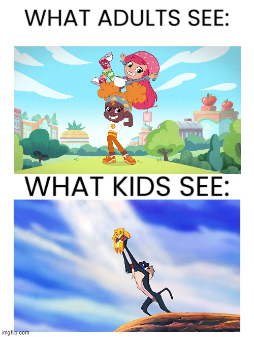Rafiki Simba reference on a kids tv show | image tagged in what adults see what kids see,strawberry shortcake,strawberry shortcake berry in the big city,simba rafiki lion king,memes | made w/ Imgflip meme maker