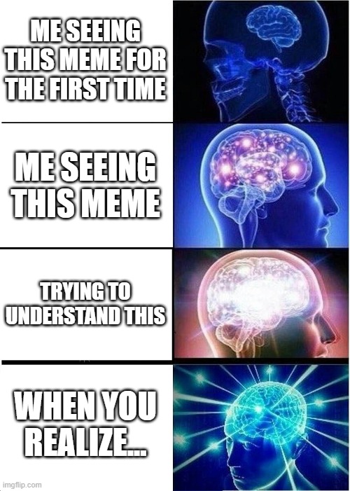 ME SEEING THIS MEME FOR THE FIRST TIME ME SEEING THIS MEME TRYING TO UNDERSTAND THIS WHEN YOU REALIZE... | image tagged in memes,expanding brain | made w/ Imgflip meme maker