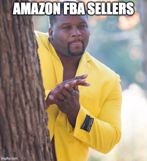Amazon sellers | AMAZON FBA SELLERS | image tagged in black guy hiding behind tree | made w/ Imgflip meme maker