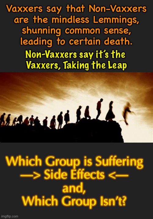 Fine….  call Me Anti-Vax…..       You Win. | Vaxxers say that Non-Vaxxers
are the mindless Lemmings,
shunning common sense,
leading to certain death. Non-Vaxxers say it’s the 
Vaxxers, Taking the Leap; Which Group is Suffering
—> Side Effects <—
and,
Which Group Isn’t? | image tagged in memes,does that make you feel any better,i know i dont have any side effects,maybe none 4 u now but just wait,how bout nxt yr | made w/ Imgflip meme maker