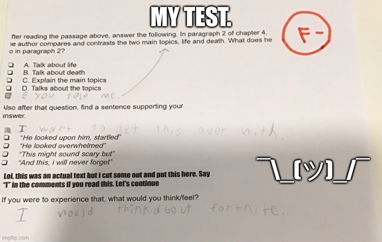My test |  MY TEST. ¯\_(ツ)_/¯ | image tagged in school | made w/ Imgflip meme maker