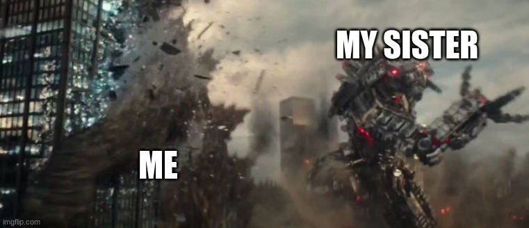 me getting hit by my sister | MY SISTER; ME | image tagged in godzilla getting hit by mecha-godzilla | made w/ Imgflip meme maker