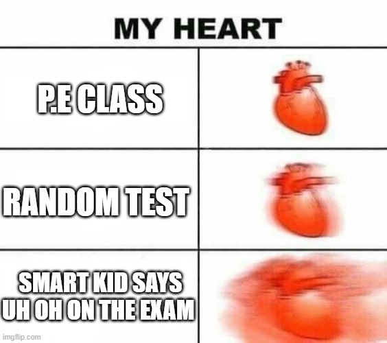 legit school | P.E CLASS; RANDOM TEST; SMART KID SAYS UH OH ON THE EXAM | image tagged in my heart blank | made w/ Imgflip meme maker