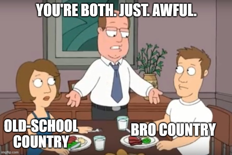 old-school and bro-country both suck |  YOU'RE BOTH. JUST. AWFUL. OLD-SCHOOL COUNTRY; BRO COUNTRY | image tagged in you're both just awful,country,music | made w/ Imgflip meme maker