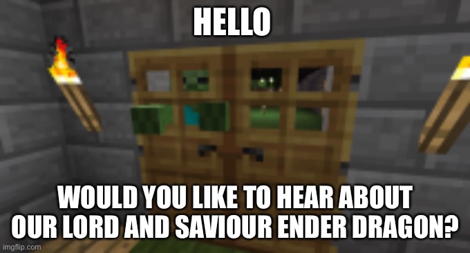 POV you try to have a relaxing day | HELLO; WOULD YOU LIKE TO HEAR ABOUT OUR LORD AND SAVIOUR ENDER DRAGON? | image tagged in minecraft | made w/ Imgflip meme maker