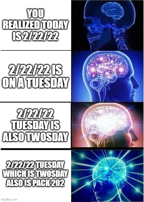 Expanding Brain | YOU REALIZED TODAY IS 2/22/22; 2/22/22 IS ON A TUESDAY; 2/22/22 TUESDAY IS ALSO TWOSDAY; 2/22/22 TUESDAY WHICH IS TWOSDAY ALSO IS PACK 202 | image tagged in memes,expanding brain | made w/ Imgflip meme maker