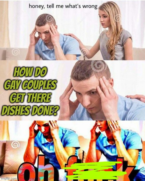 there aint no woman | HOW DO GAY COUPLES GET THERE DISHES DONE? | image tagged in honey tell me what's wrong | made w/ Imgflip meme maker