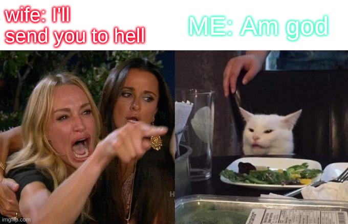 your wife and god | wife: I'll send you to hell; ME: Am god | image tagged in memes,woman yelling at cat | made w/ Imgflip meme maker