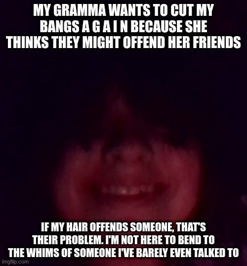 MY GRAMMA WANTS TO CUT MY BANGS A G A I N BECAUSE SHE THINKS THEY MIGHT OFFEND HER FRIENDS; IF MY HAIR OFFENDS SOMEONE, THAT'S THEIR PROBLEM. I'M NOT HERE TO BEND TO THE WHIMS OF SOMEONE I'VE BARELY EVEN TALKED TO | made w/ Imgflip meme maker