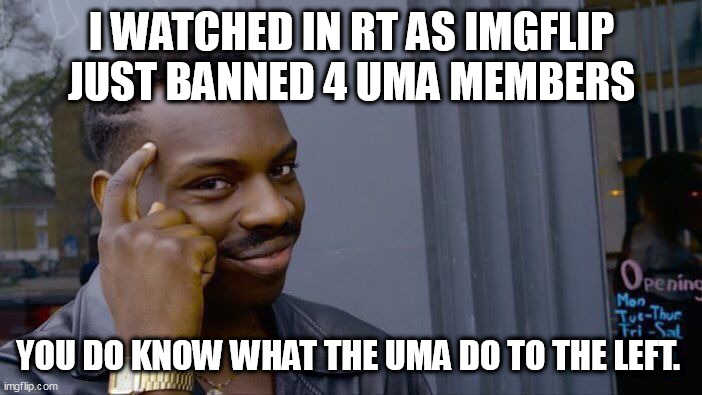 Roll Safe Think About It Meme | I WATCHED IN RT AS IMGFLIP JUST BANNED 4 UMA MEMBERS; YOU DO KNOW WHAT THE UMA DO TO THE LEFT. | image tagged in memes,roll safe think about it | made w/ Imgflip meme maker