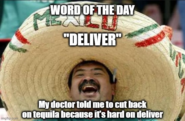 mexican word of the day | WORD OF THE DAY; "DELIVER"; My doctor told me to cut back on tequila because it's hard on deliver | image tagged in mexican word of the day,deliver,my doctor told me | made w/ Imgflip meme maker