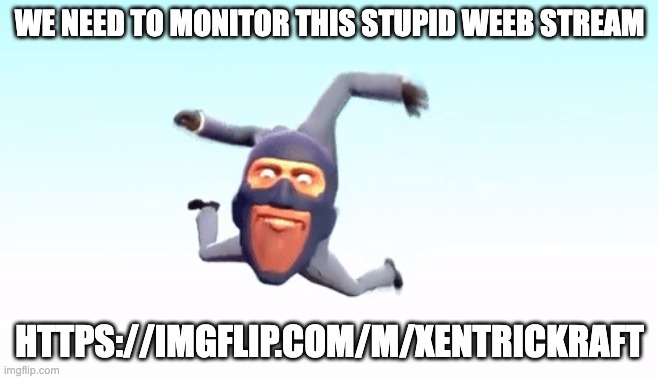 https://imgflip.com/m/xentrickraft | WE NEED TO MONITOR THIS STUPID WEEB STREAM; HTTPS://IMGFLIP.COM/M/XENTRICKRAFT | image tagged in the s p y | made w/ Imgflip meme maker