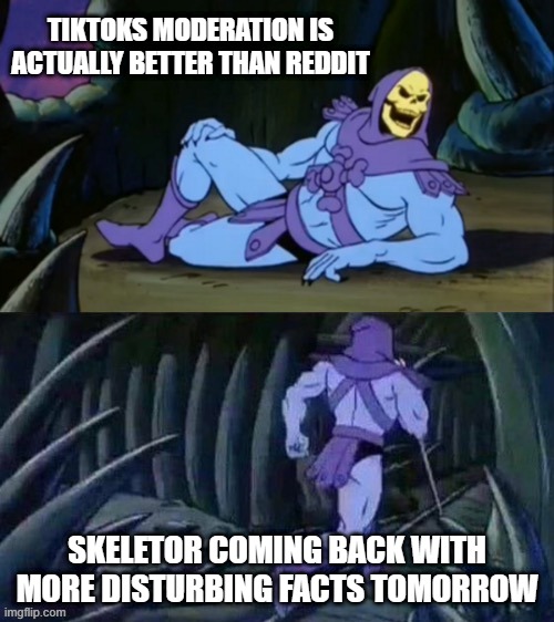 im not joking | TIKTOKS MODERATION IS ACTUALLY BETTER THAN REDDIT; SKELETOR COMING BACK WITH MORE DISTURBING FACTS TOMORROW | image tagged in skeletor disturbing facts | made w/ Imgflip meme maker