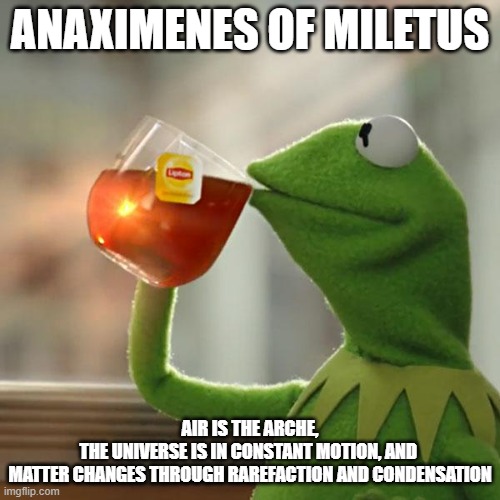 But That's None Of My Business | ANAXIMENES OF MILETUS; AIR IS THE ARCHE,
THE UNIVERSE IS IN CONSTANT MOTION, AND 
MATTER CHANGES THROUGH RAREFACTION AND CONDENSATION | image tagged in memes,but that's none of my business,kermit the frog | made w/ Imgflip meme maker