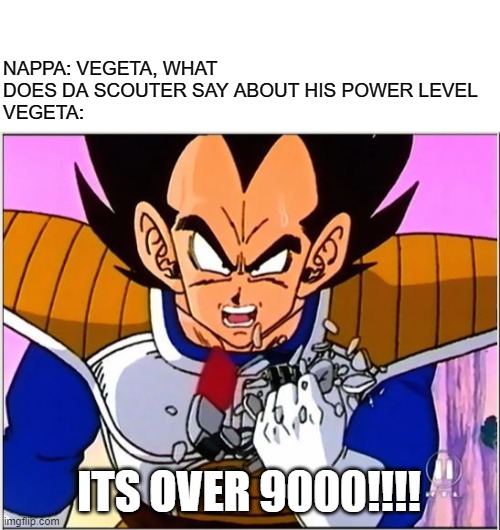 NAPPA: VEGETA, WHAT DOES DA SCOUTER SAY ABOUT HIS POWER LEVEL
VEGETA: ITS OVER 9000!!!! | image tagged in blank white template,vegeta over 9000 | made w/ Imgflip meme maker