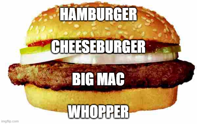 Hamburger | HAMBURGER
 
CHEESEBURGER
 
BIG MAC
 
WHOPPER | image tagged in hamburger | made w/ Imgflip meme maker