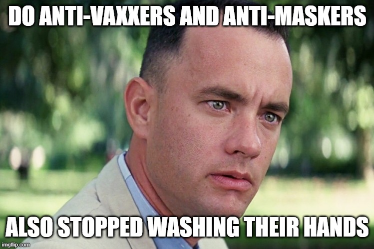 Gump Ponders HRC |  DO ANTI-VAXXERS AND ANTI-MASKERS; ALSO STOPPED WASHING THEIR HANDS | image tagged in forrest gump | made w/ Imgflip meme maker