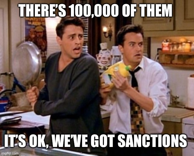 Friends | THERE’S 100,000 OF THEM; IT’S OK, WE’VE GOT SANCTIONS | image tagged in joey from friends | made w/ Imgflip meme maker