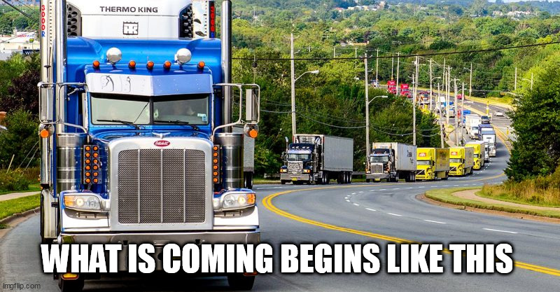 Trucker Convoy | WHAT IS COMING BEGINS LIKE THIS | image tagged in trucker convoy | made w/ Imgflip meme maker